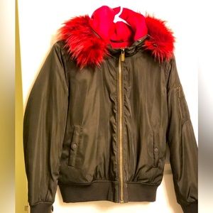 EUc Olive green bomber jacket with red fur hood lining by NyC medium